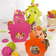 Façade décorative canard orange, poule fuchsia, lapin vert anis